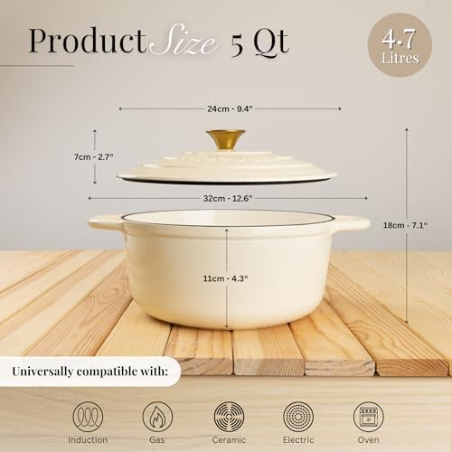 Cast Iron Pot with Lid-Non-Stick Ovenproof Enamelled Casserole Pot, Oven Safe up to 500° F-Sturdy Dutch Oven Cookware - Cream, 5-Quart, 24cm-by Nuovva - Image 2