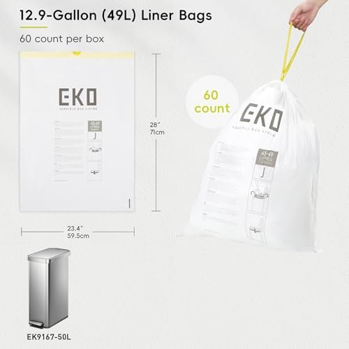 EKO 12.9 Gallon / 45-49 Liter, 60 Count Drawstring Trash Bags, Extra-Strong Unscented Garbage Bags, Easy-Dispense Roll for Kitchen & Household Use, Resists Tears, Leaks and Punctures, Code J, White - Image 7