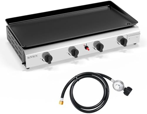 ROVSUN 4 Burner Portable Propane Griddle with Electronic Ignition & Regulator, 40,000 BTU Tabletop Flat Top Gas Grill with Nonstick Enameled Tray for Outdoor Cooking Camping BBQ Tailgating by ROVSUN