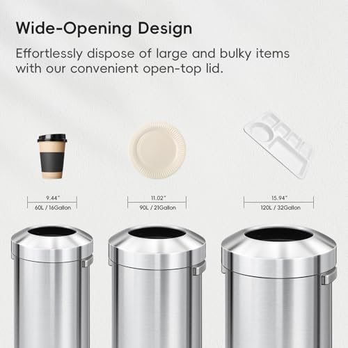 EKO 32-Gallon Round Stainless Steel Open Top Trash Can, Large Commercial Waste Bin with Detachable Lid and Carrying Handle, Brushed Metal Garbage Bin for Home, Office, Restaurant, Restroom - Image 6