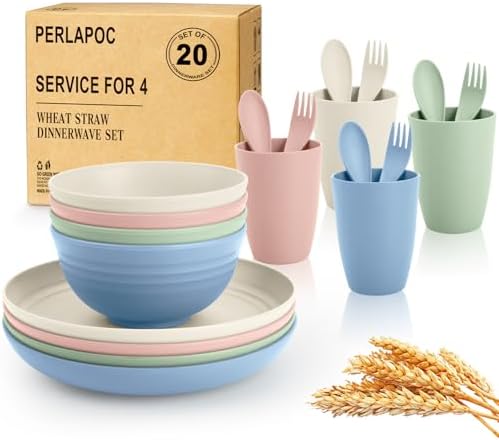 Wheat Straw Dinnerware Sets 20 PCS Service for 4, Unbreakable Kitchen Plates and Bowls Sets, Microwave Dishwasher Safe Dish Set, Outdoor Camping, RV, Apartment Essentials - Colorful by Perlapoc