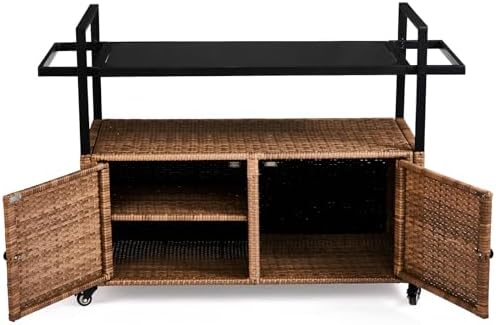 VINGLI Outdoor Storage Cabinet with Wheels, Waterproof Woven Rattan with Double Magnetic Doors, Mobile Multi-Purpose Cabinet for Storage, Buffet Server, Bar Table, Potting Bench (Glass Top) - Image 4