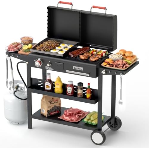 Bestfire Dual Fuel Gas & Charcoal Grill Combo, 327 Sq.In Propane Flat Top Griddle w/Cast Iron Griddle, Dual Lids, Side Shelves, Outdoor Griddle for Small Gatherings & Cookouts by GrillsOutdoorCooking