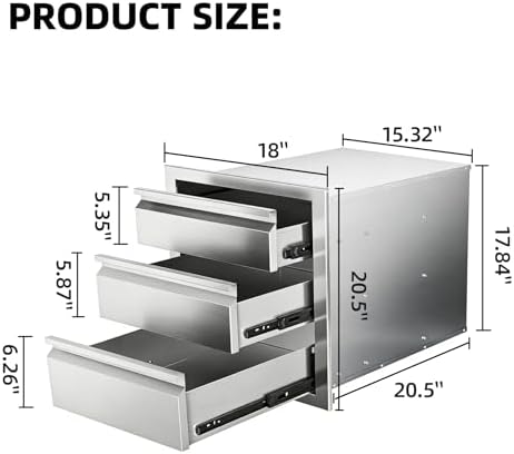 Outdoor Kitchen Drawers 18" x 20.5" x 20.5" Stainless Steel Triple Drawer Cabinet, Flush Mount Modular Storage for BBQ Islands & Patios - Image 2