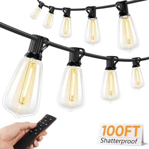 Brightever LED Outdoor String Lights with Remote, 100FT Commercial Grade Waterproof Outdoor Patio Lights, 30+2 ST38 Dimmable Edison Bulbs, 2700K Warm White Rope Light for Outside, Low Voltage 24V by Brightever
