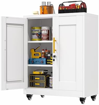 GAIOUS 35'' Tall Metal Storage Cabinet with Lock and Wheels, Steel Office Cabinet with 2 Door and 2 Adjustable Shelves, Lockable File Cabinet, Garage Cabinet, Rolling Cabinet for Home Office - White by GAIOUS