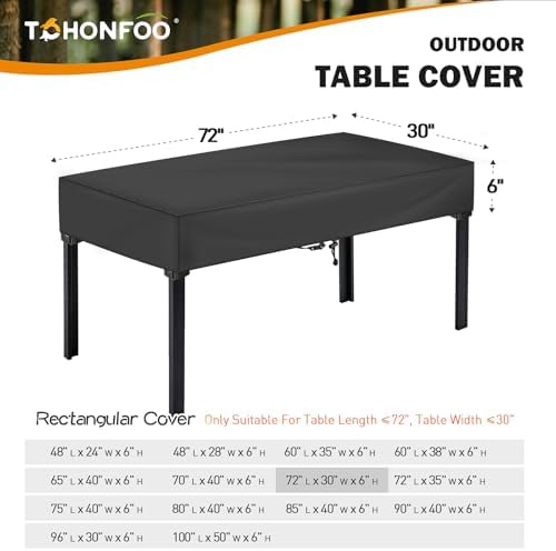 TOHONFOO Waterproof Rectangular Patio Table Cover, 72" x 30" x 6", Black - Image 2