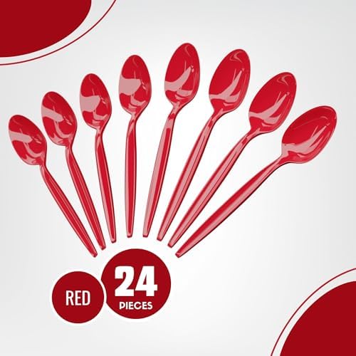 Red Plastic Spoons (24 Pieces) – Durable Disposable Cutlery Set for Christmas, Valentine's, Independence Day, Event, Birthday Party Supplies, Halloween Tableware, Perfect for Holiday, Blue Orchards - Image 2