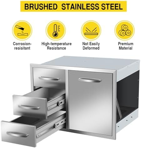 Outdoor Kitchen Drawer Combo BBQ Access Triple Drawers and Trash Drawer for BBQ Island Grill Station 28" W x 20.1" H x 19.7" D with Handles - Image 4