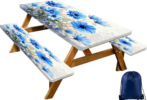 CAPSCEOLL Fitted Picnic Table Cover with Bench Covers 5ft - Blue Flowers by CAPSCEOLL