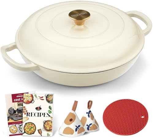 Overmont Enameled Cast Iron Dutch Oven - 3.8 QT Shallow Braiser with Recipe by Overmont