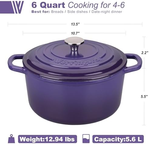 VORRINGARD Enameled Cast Iron Dutch Oven Pot with Lid, for Sourdough Bread Baking, Round Dutch Ovens, 6 Quart, Purple - Image 2