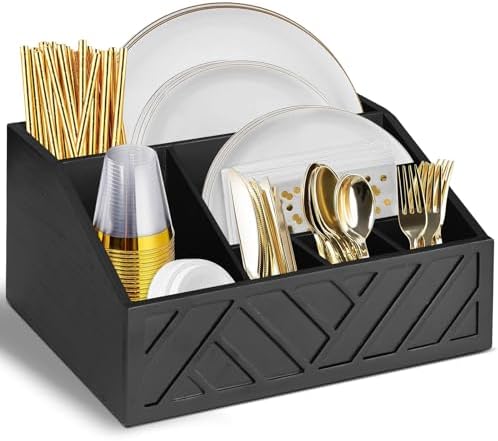 Ukonvi Paper Plate Dispenser, Paper Plate Holder for Kitchen Counter, Wood Rustic Silverware Utensil Caddy, Cutlery Flatware Organizer Box for Cups Spoons Forks Plates Napkins, Kitchen Accessories by Ukonvi