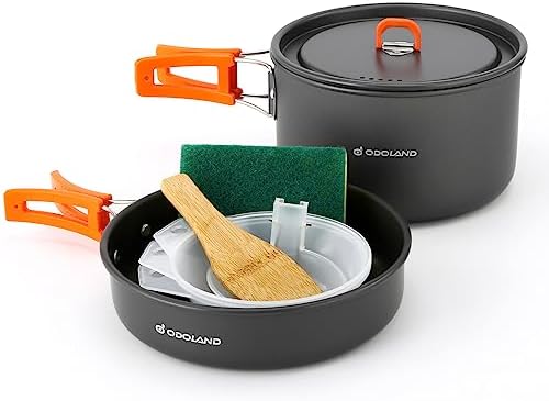 Odoland 9pcs Camping Cookware Non-Stick Lightweight Pots and Pans Set with Plastic Bowls Soup Spoon for Backpacking, Outdoor Cooking and Picnic by Odoland