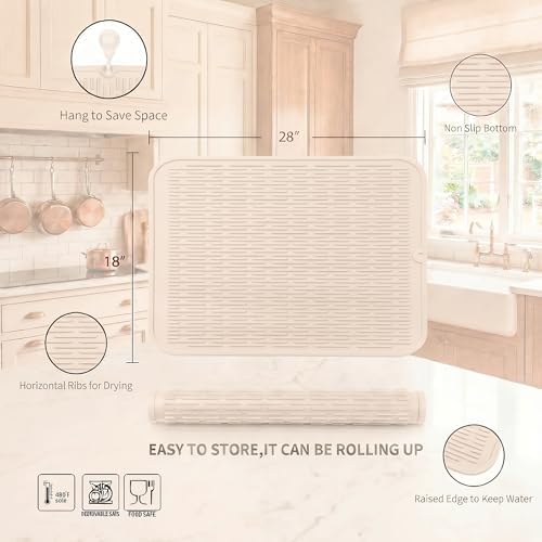 MicoYang Silicone Dish Drying Mat for Multiple Usage,Easy clean,Eco-friendly,Heat-resistant Silicone Mat for Kitchen Counter or Sink,Refrigerator or Drawer Liner Tapioca 3XL 28 inches x 18 inches - Image 2