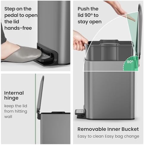 Cesun Small Bathroom Trash Can with Lid, 1.6 Gal, Soft Close, Gray - Image 5