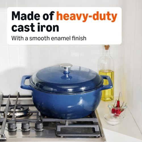 Amazon Basics Enameled Cast Iron Dutch Oven Pot With Lid, 7.3-Quart, Round, Dual Handles, Heavy-Duty, Oven Safe for Stews, Roasting & Baking, Navy - Image 5