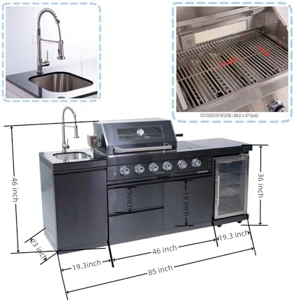 Outdoor Kitchen Island, 84.6 Inch 72000 BTU Propane Gas Grill Combination With Refrigerator and Sink, Outdoor Stainless Steel Barbecue Bar, Propane Grill, for Patios, Gardens, Parties - Image 2