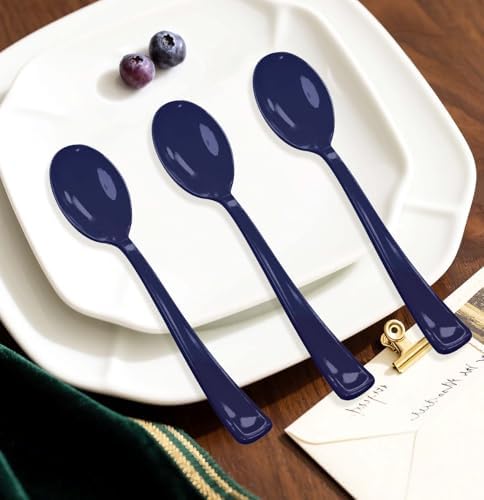 SietDESEO 50 PCS Navy Blue Plastic Spoons Disposable Utensils Heavy Duty Navy Blue Spoons Disposable Cutlery for Birthday Wedding Baby Shower Bridal Shower Plastic Silverware - Image 2