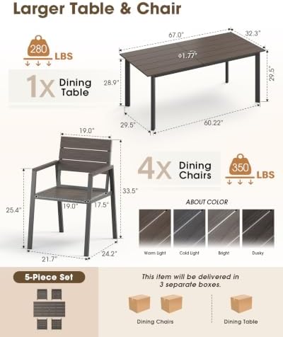 Outdoor Dining Set for 4, Aluminum Patio HDPS Outdooor Table and Chairs Set with Umbrella Hole, All Weather Patio Furniture Set, 5 Peice Patio Dining Table Set (Charcoal) - Image 6