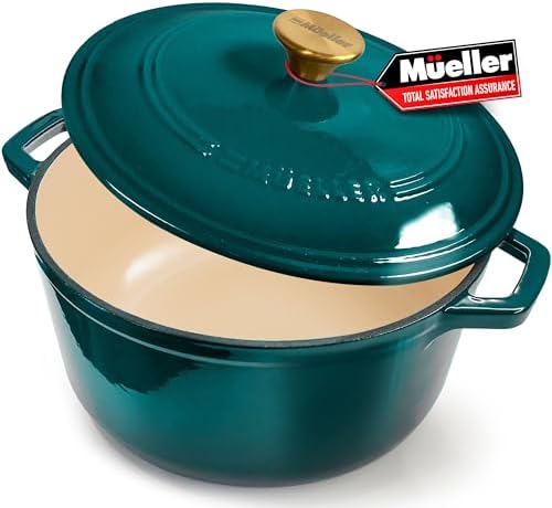 MUELLER HOME 4.5 QT Enameled Cast Iron Dutch Oven, Heavy-Duty Casserole Dish and Braiser Pan with Lid, Oven-Safe up to 500° F & Across All Cooktops, Housewarming Gifts New Home, Emerald by MUELLERHOME
