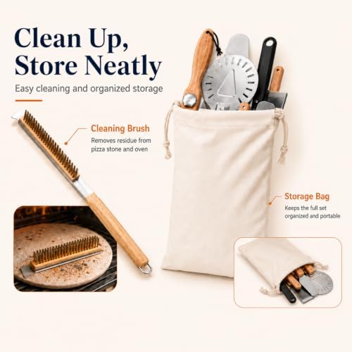Pizza Peel Set, 8 Piece Pizza Oven Accessories Kit, 12x14 Inch Aluminum Pizza Paddle with Foldable Wooden Handle, 8 Inch Perforated Mini Peel, Rocker Cutter, Scraper, Server, Brush, Glove & Bag - Image 6