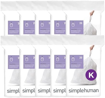 simplehuman Code K 200 Count Custom Fit Liners, Drawstring Kitchen Trash Bags, One-by-One Mess-Free Dispense, Extra Thick & Double Seamed, 50% PCR Plastic, 30-45 Liter / 8-12 Gallon, White by Unknown