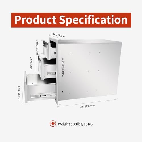 Outdoor Kitchen Drawers 14" W x 21" H x 23" D Triple BBQ Drawers Stainless Steel Built-in Drawer for Outdoor Kitchen Island, Patio Grill Station - Image 2