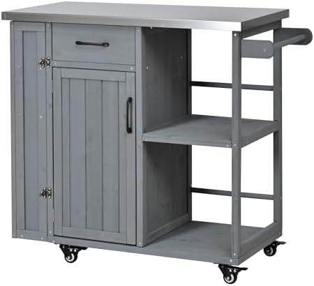Outdoor Kitchen Island Cart with Stainless Steel Top, Rolling Grill Table with Storage Cabinet Drawer Shelves and Towel Rack, Wooden BBQ Prep Station with Lockable Wheels for Patio Backyard, Grey - Image 4