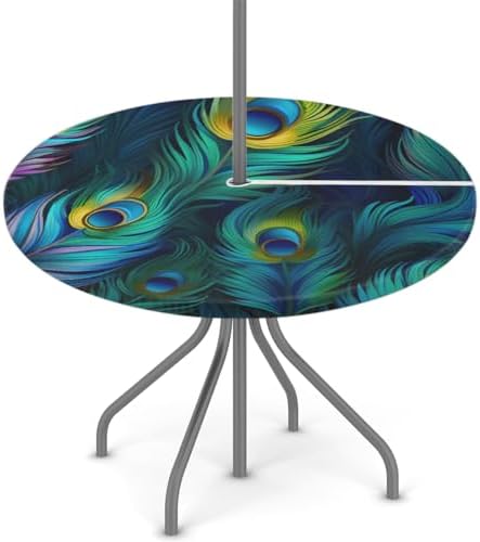 Fitted Round Tablecloth with Umbrella Hole and Zipper Peacock Outdoor Elastic Table Cloth 36"-44" Oil-Proof Waterproof Peacock Feather Patio Table Cover for Picnic Party by GzLeyigouHomeKitchen