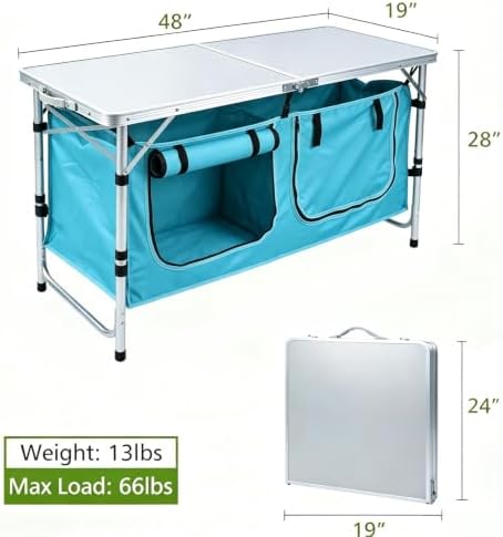 JOUYEK Camping Table, Folding Kitchen Table with Storage Sky Blue - Image 3