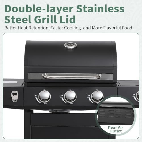 3-Burner Propane Gas BBQ Grill with Side Burner, Black - Image 5