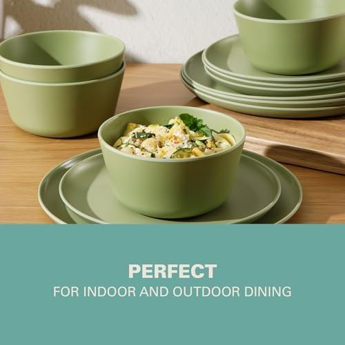 Gibson Home Fairhope 12-Piece Matte Green Melamine Dinnerware Set – Durable Lightweight Plates and Bowls, Kitchen Dining Set - Image 6