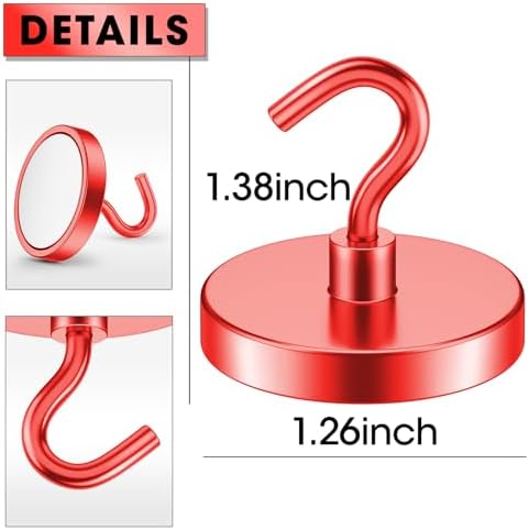 VNDUEEY Magnetic Hooks Heavy Duty, 110 Lbs Strong Magnets with Hook for Fridge, Super Neodymium Metal Hooks for Hanging, Magnet Hooks for Cruise, Grill, Toolbox, Coat and Storage (Red, Pack of 10) - Image 5