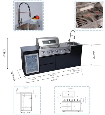 85-Inch 4-Burner Propane Gas Outdoor Kitchen Grill Island - 72000 BTU Stainless Steel BBQ, Refrigerator, Rotisserie, Stainless Countertops, Soft-Close Storage, For Patio, Lawn, Backyard, Black - Image 2