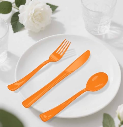 HEIPINIUYE 75 Pack Orange Plastic Cutlery Heavy Duty Fall Plastic Knives Forks and Spoons Disposable Silverware Set for 25 Guest Birthday Baby Shower Thanksgiving Party Cutlery Set - Image 7