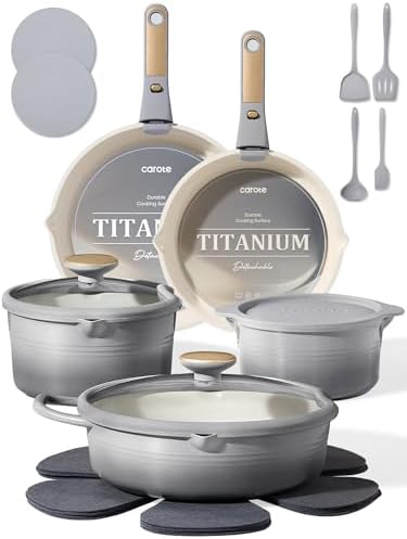 CAROTE 20pcs Titanium Cookware Set, Pots and Pans Set Detachable Handle by CAROTE