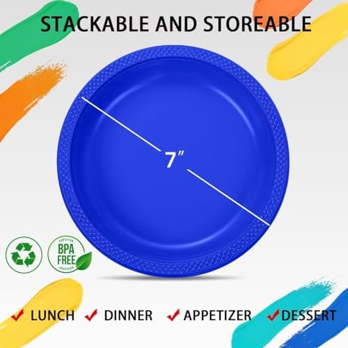 WELLIFE 7 Inch Royal Blue Plastic Plates 50 Count - Image 4