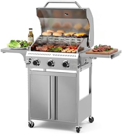 COWSAR 3 Burner Propane Gas Grill, 24,000 BTU Outdoor BBQ Grill with Side Table, Porcelain-Coated Cast Iron Grates, Removable Grease Tray for Backyard Cooking by COWSAR