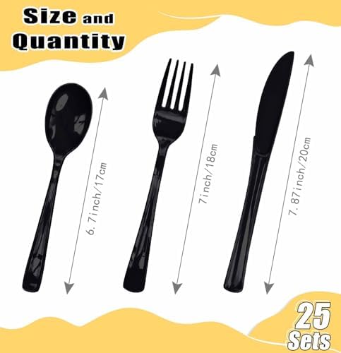 HEIPINIUYE 75 Pack Black Plastic Cutlery Heavy Duty Black Plastic Knives Forks and Spoons Disposable Silverware Set for 25 Guest Birthday Halloween Baby Shower Party Cutlery Set - Image 3