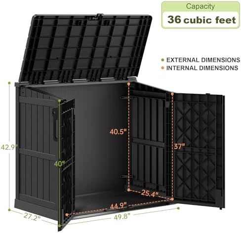 36 Cu Ft Horizontal Resin Storage Shed, Weatherproof Outdoor Storage Cabinet with Dual Lock Door, Fits Small Trash Cans, Generators, & Garden Tools, Matte Black - Image 2