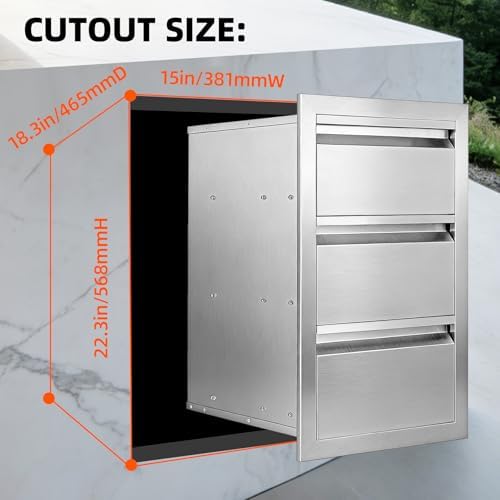 Outdoor Kitchen Drawers 15" x 25" x 18.7" Stainless Steel Triple Drawer Cabinet, Flush Mount Modular Storage for BBQ Islands & Patios - Image 5