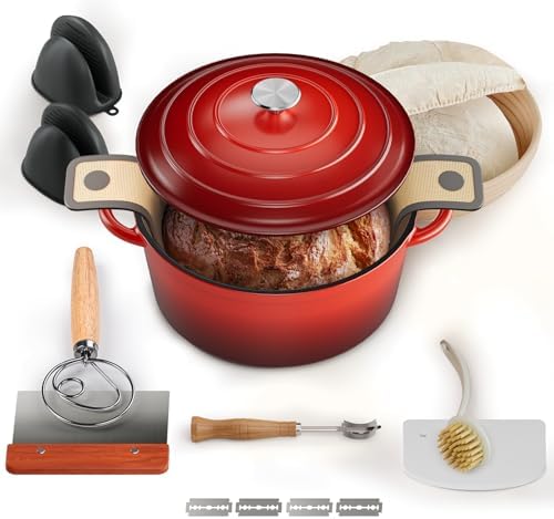 5QT Dutch Oven for Sourdough Bread Baking, Red Cast Iron Bread Pan with Lid by MakeLifeMoreComfortable
