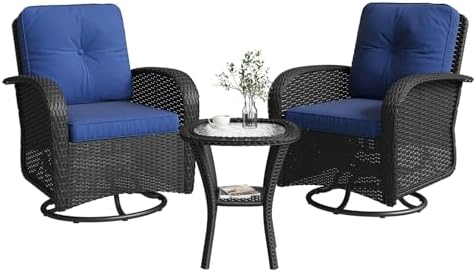 Aoxun 3 Pieces Patio Furniture Set, Patio Swivel Rocker Chairs Set of 2, Wicker Outdoor Bistro Set with Rocking Chair, Thickened Cushions and Table for Porch (Navy Blue) by Aoxun