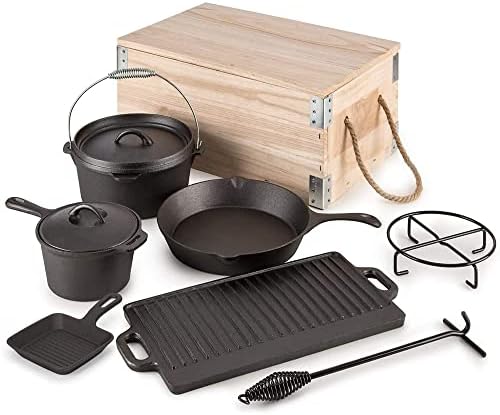 8 Piece Pre-Seasoned Dutch Oven Cooking Set Cast Iron Camping Kitchen Cookware Bakeware Skillets & Square Grill Pan w/Vintage Carrying Wood Box for Ourdoor Home BBQ Baking by RELIANCER