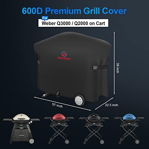Comnova Grill Cover for Weber Q Grill on Cart - 7112 BBQ Cover for Weber Q3000/Q300/Q2000/Q200 with Portable Stand, 600D Heavy Duty & Waterproof BBQ Cover for Weber Q3200, 3000, 320, 300 and More - Image 2