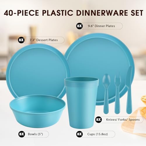 40 Piece Plastic Dinnerware Set for 8 with Cutlery, Unbreakable Plates and Bowls Set, Dishwasher & Microwave Safe Reusable Dish Set for Camping, RV, Outdoor Kitchen, Apartment Dining, Teal - Image 2