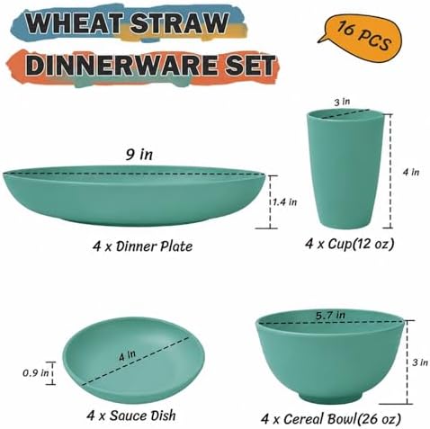 Unbreakable Wheat Straw Dinnerware Set 16 PCS - Plates and Bowls Set for 4,Dishwasher & Microwave Safe Lightweight Plates and Bowls Set for Party Camping Kitchen - Green - Image 2