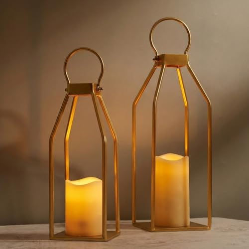 Perfnique Modern Farmhouse Lantern Decor, 15'' 12.6'' Set of 2 Gold Metal Lanterns, 2 LED 6hr Timer Flameless Candles ＆ Remote Timer, Lanterns Decorative for Outdoor, Porch, Fireplace, Patio - Image 6