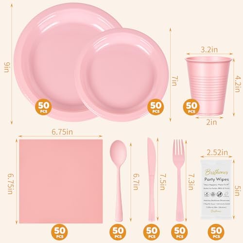 400 Pieces Pink Plastic Plates Set with 50 Party Wipes, Solid Pink Plastic Dinnerware - 50 Each 9" Dinner Plate Set, 7" Dessert Plate, Cups, Napkins & Cutlery for Any Celebration - Image 2